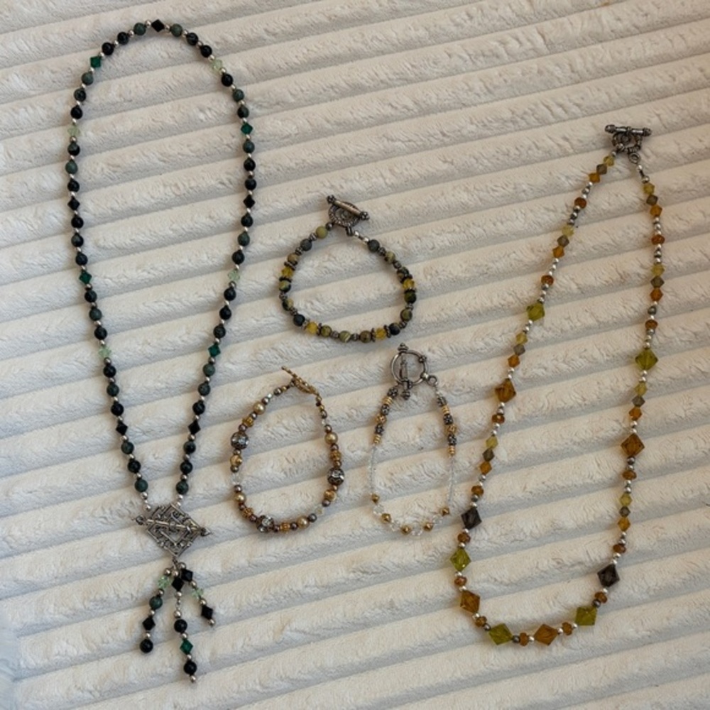 Handmade Green and Amber Beaded Necklace and Bracelet Set - made by me :-)